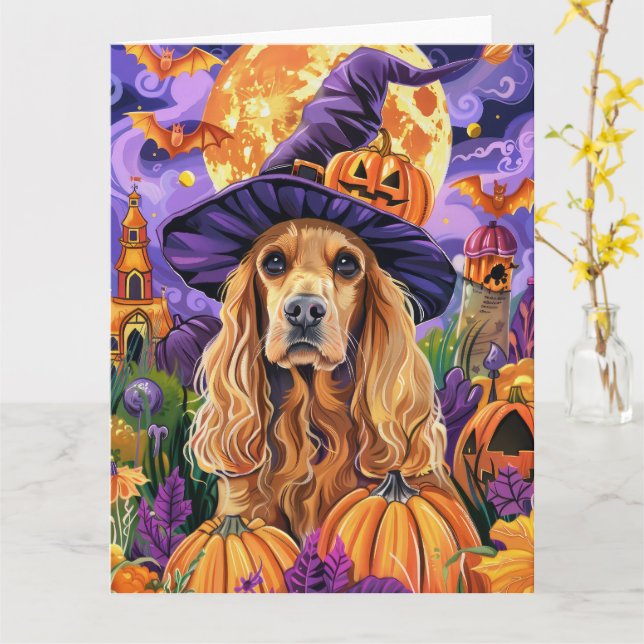 Spooky Cocker Spaniel Hund Halloween Hexenkürbis Karte (Gelbe Blume)