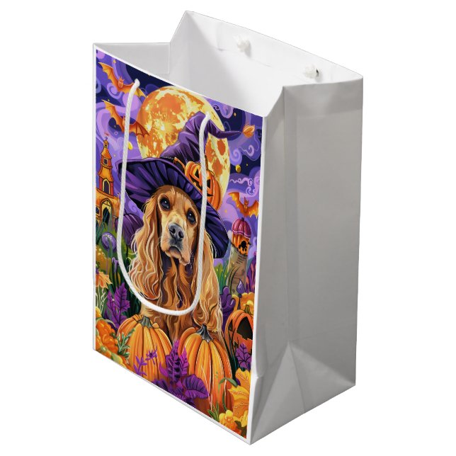 Spooky Cocker Spaniel Hund Halloween Hexenkürbis Mittlere Geschenktüte (Vorderseite Schrägansicht)