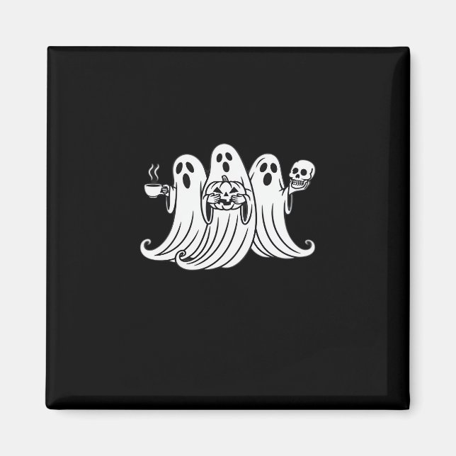Spooky Coffee Sipping Pumpkin Holding Magnet (Vorne)