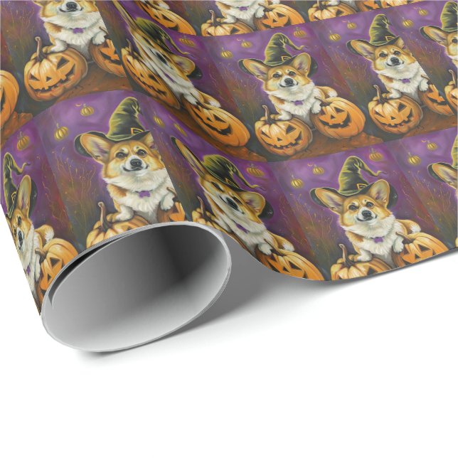 Spooky Corgi Dog Halloween Hexenkürbis Geschenkpapier (Rolleneckpunkt)