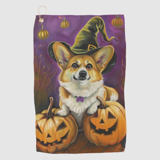 Spooky Corgi Dog Halloween Hexenkürbis Golfhandtuch (Vorderseite)