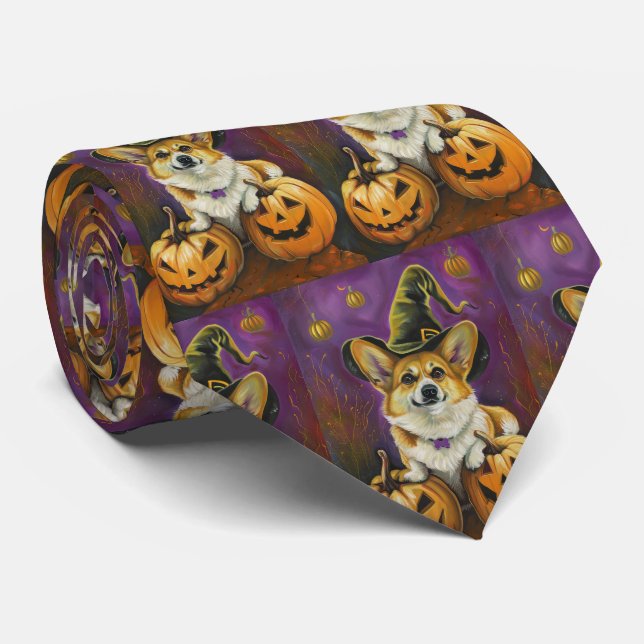Spooky Corgi Dog Halloween Hexenkürbis Krawatte (Gerollt)