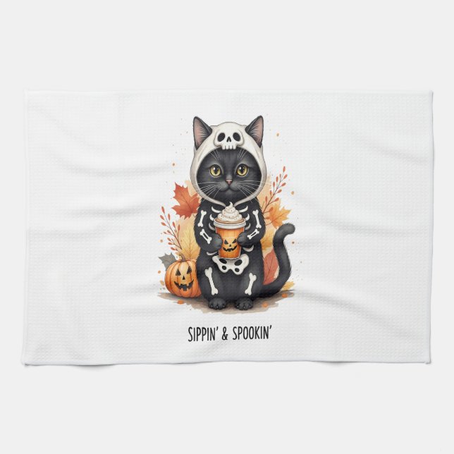 Spooky Cute Cat Halloween Geschirrtuch (Horizontal)
