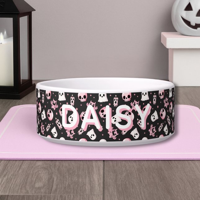 Spooky Cute Custom Name Pink & Black Halloween Dog Napf (Spooky Cute Custom Name Pink & Black Halloween Dog Bowl
)