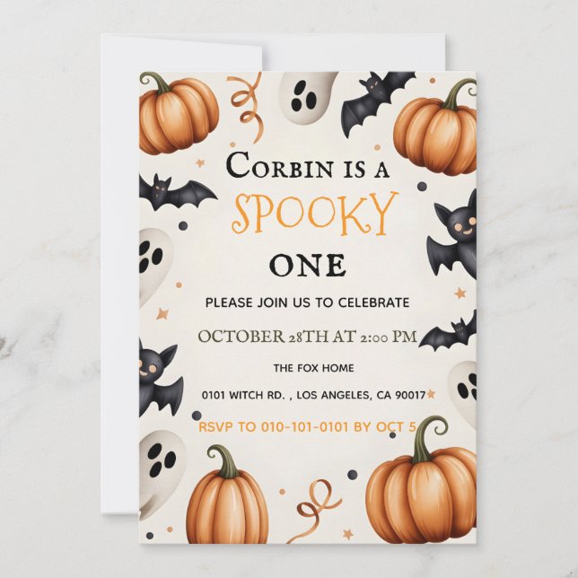Spooky Cute Ghost & Bat Halloween Birthday Invitat Einladung (Vorderseite)