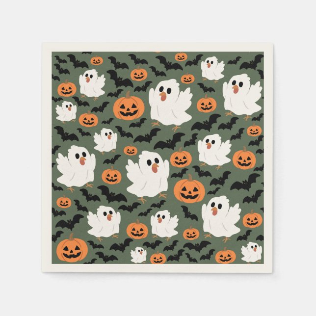 Spooky Cute Ghost Chickens with Pumpkins and Bats Serviette (Vorderseite)