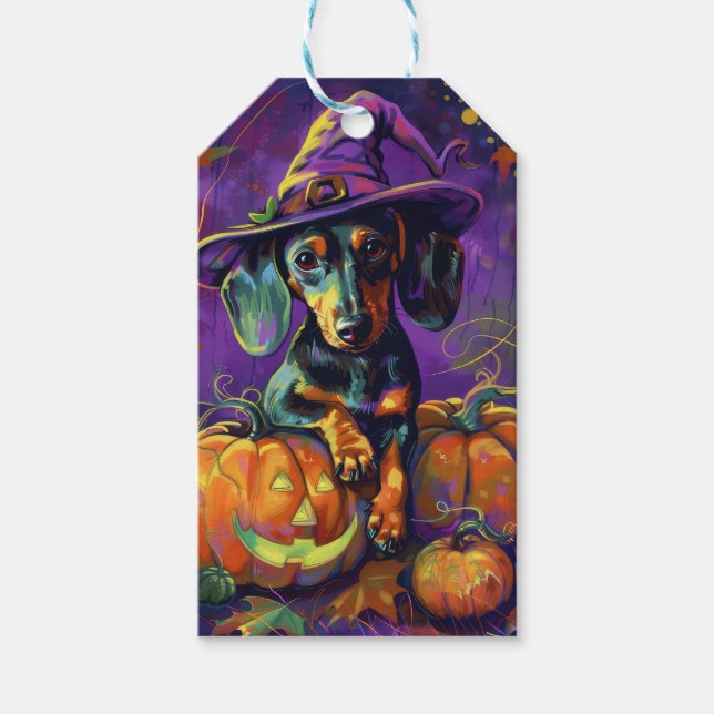 Spooky Dackel Halloween Hexe und Kürbis Geschenkanhänger (Vorderseite)