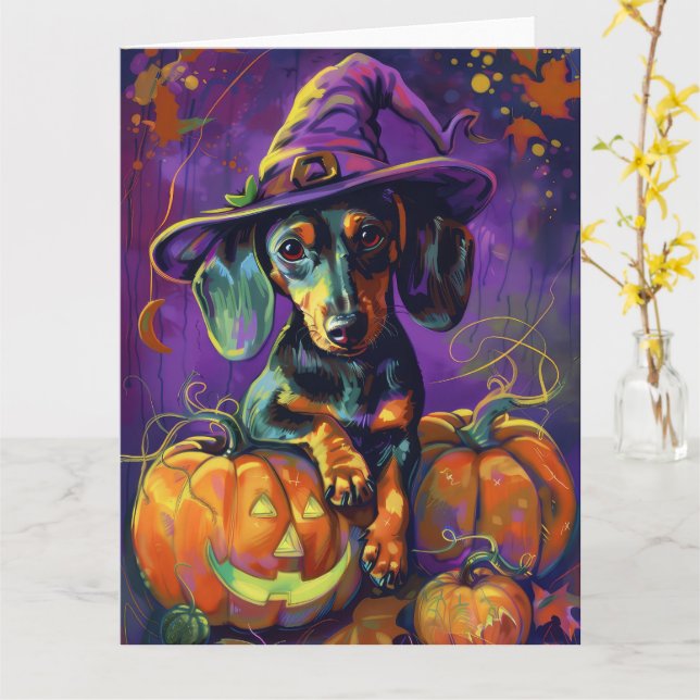 Spooky Dackel Halloween Hexe und Kürbis Karte (Gelbe Blume)