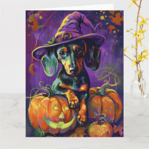 Spooky Dackel Halloween Hexe und Kürbis Karte