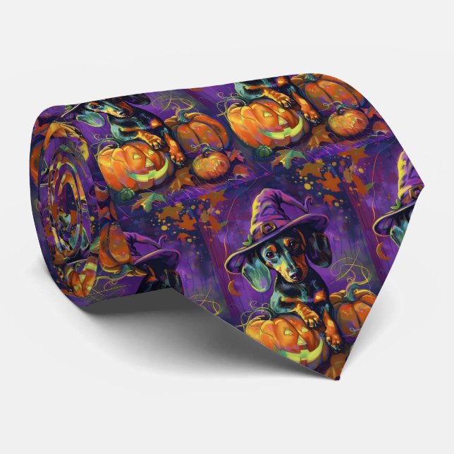Spooky Dackel Halloween Hexe und Kürbis Krawatte (Gerollt)