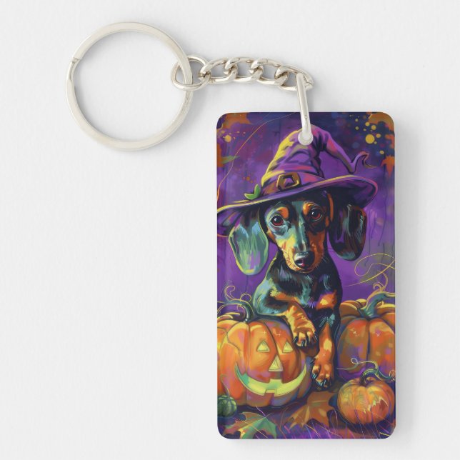 Spooky Dackel Halloween Hexe und Kürbis Schlüsselanhänger (Vorderseite)