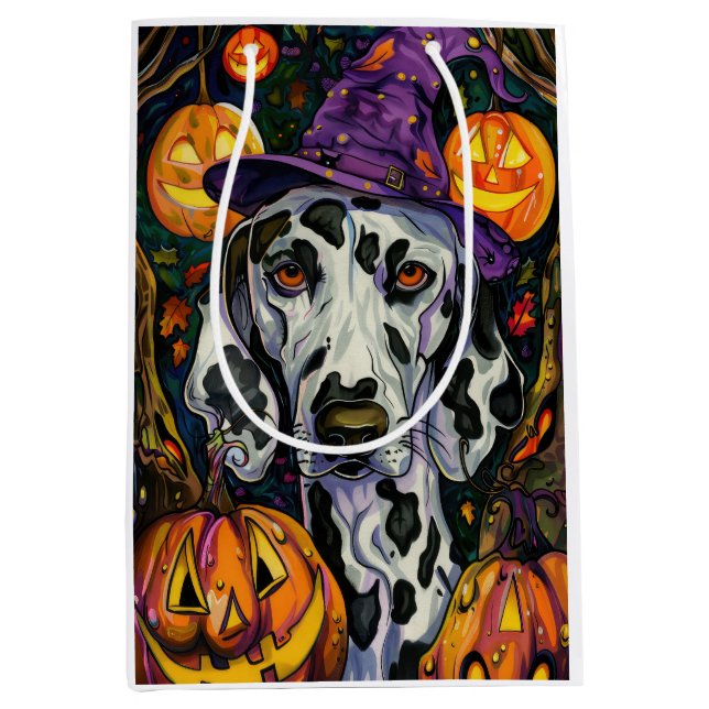 Spooky Dalmatiner Halloween Hexe und Kürbis Mittlere Geschenktüte (Vorderseite)