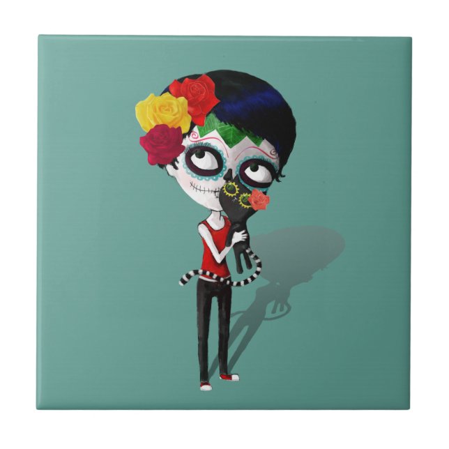 Spooky Dia de Los Muertos Girl Fliese (Vorderseite)