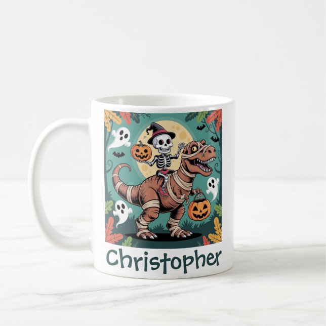 Spooky Dino Rider - Skelett auf Mummy T-Rex Kaffeetasse (Links)