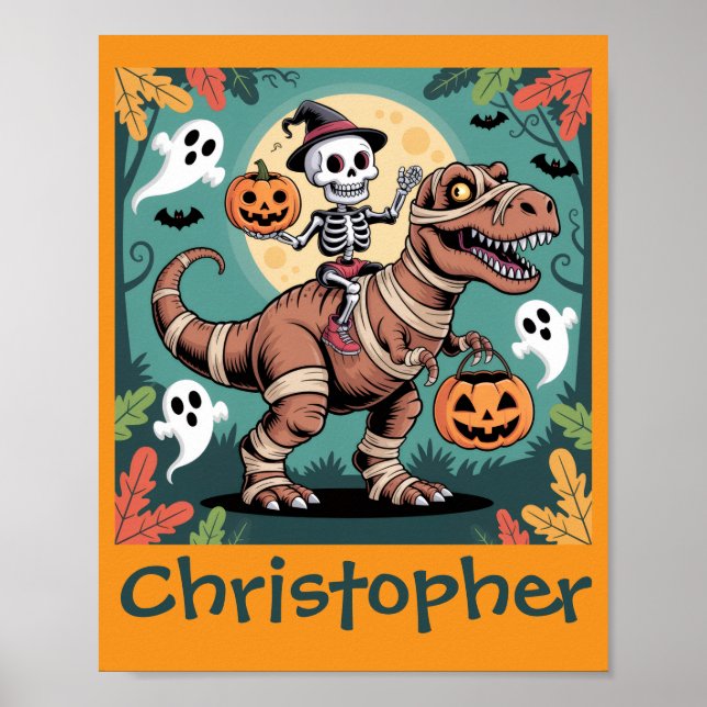 Spooky Dino Rider - Skelett auf Mummy T-Rex Poster (Vorne)