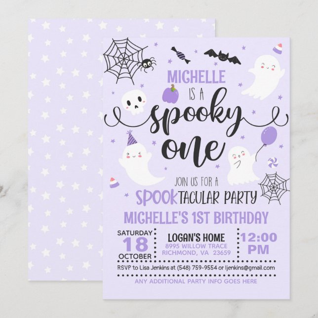 Spooky Einladung zum Geburtstag - Mädchen (Lila) (Vorne/Hinten)