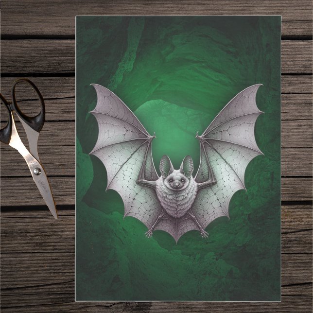 Spooky fliegend Graubäume glühende Grüne Höhlenbäu Seidenpapier (Spooky grey bat flying of glowing green cave on Halloween tissue paper.)