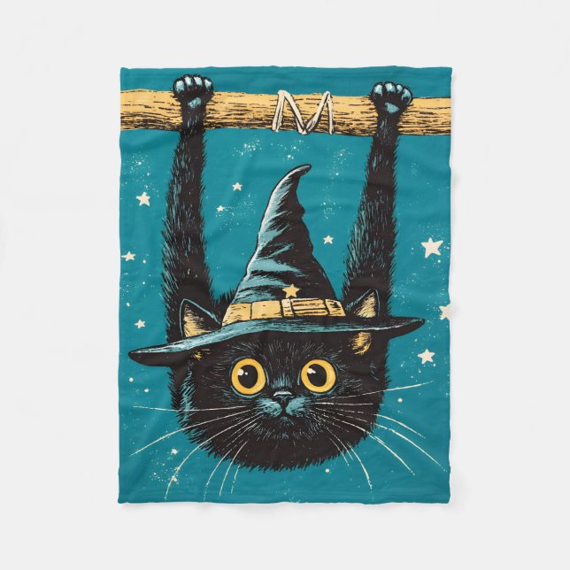 Spooky Flying Black Cat Hexe Fleecedecke (Vorderseite)