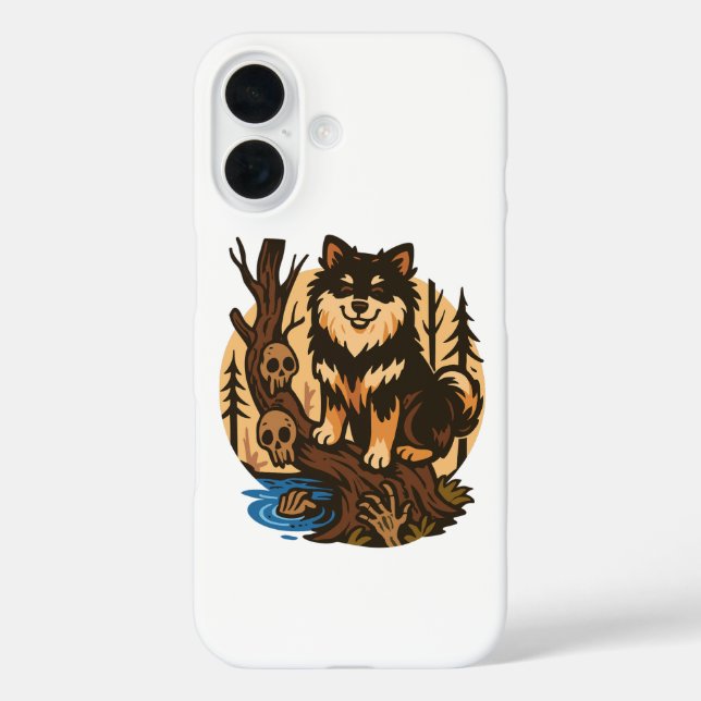 Spooky Forest Dog with Skulls Horror Art iPhone 16 Hülle (Rückseite)