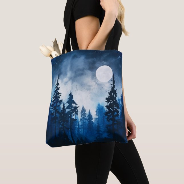 Spooky Forest Full Moon Blue und White Halloween Tasche (Von Nahem)