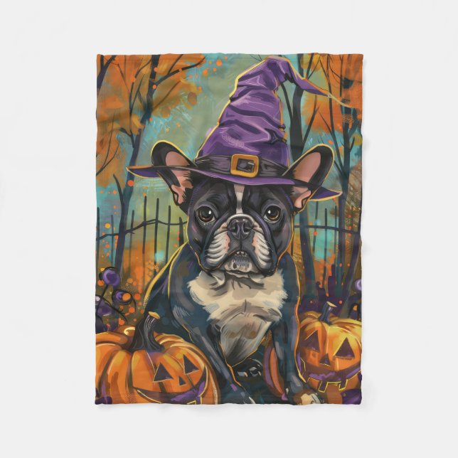 Spooky Französisch Bulldog Halloween Hexe und Kürb Fleecedecke (Vorderseite)
