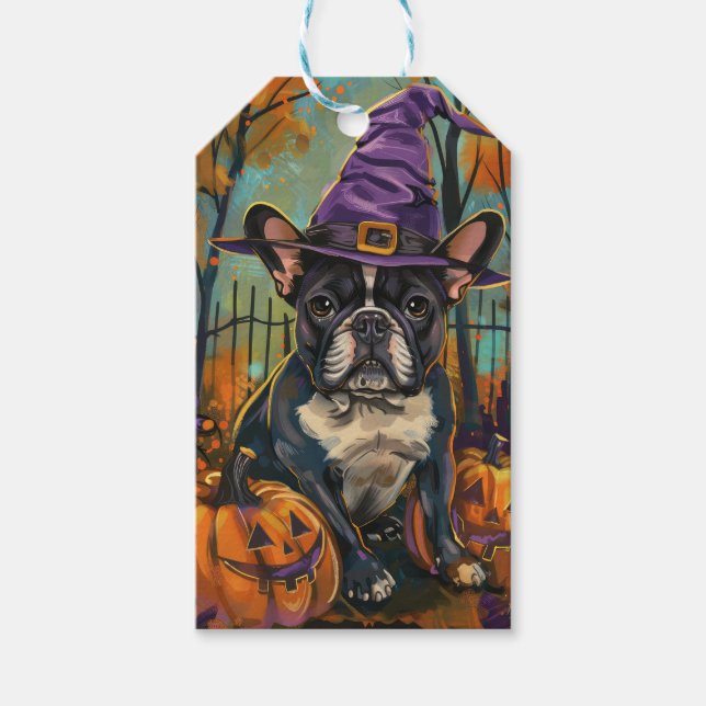 Spooky Französisch Bulldog Halloween Hexe und Kürb Geschenkanhänger (Vorderseite)