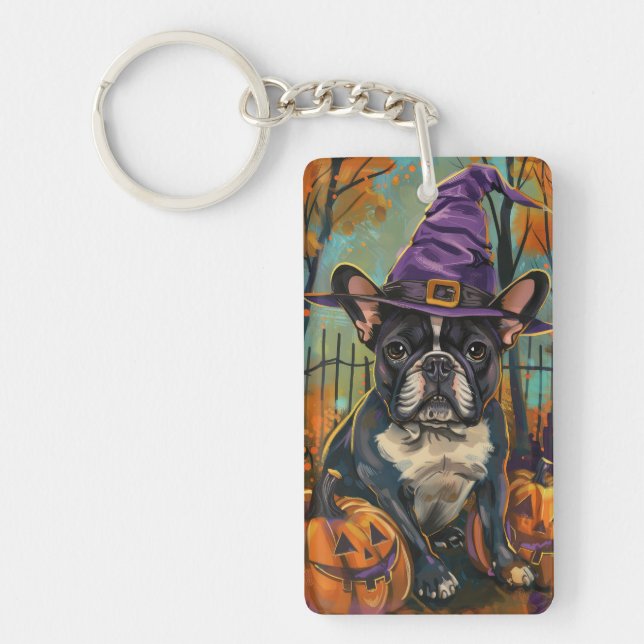Spooky Französisch Bulldog Halloween Hexe und Kürb Schlüsselanhänger (Vorderseite)