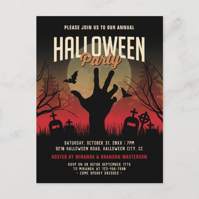 Spooky Friedhof, Vollmond Halloween-Party einladen Postkarte (Vorderseite)
