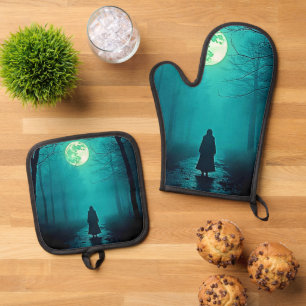 Spooky Full Moon Night Design Ofenhandschuh & Topflappen-Set