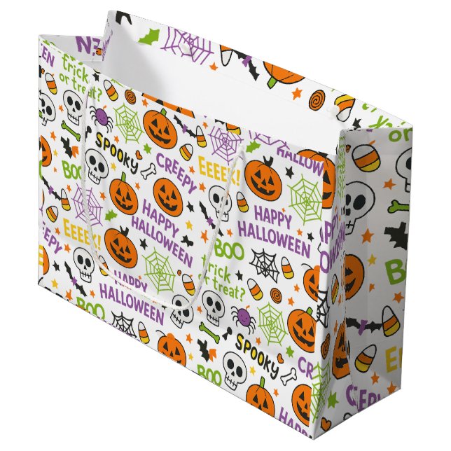 Spooky & Fun Pumpkin - farbenfrohe Halloween-Muste Große Geschenktüte (Vorderseite Schrägansicht)