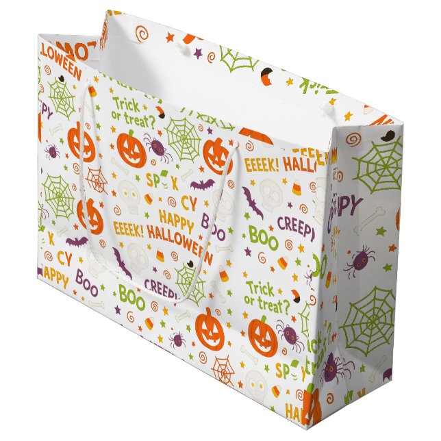Spooky & Fun Pumpkin - farbenfrohe Halloween-Muste Große Geschenktüte (Vorderseite Schrägansicht)
