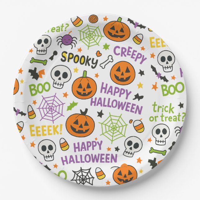 Spooky & Fun Pumpkin - farbenfrohe Halloween-Muste Pappteller (Vorderseite)