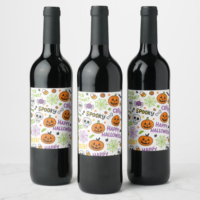 Spooky & Fun Pumpkin - farbenfrohe Halloween-Muste Weinetikett (Flaschen)