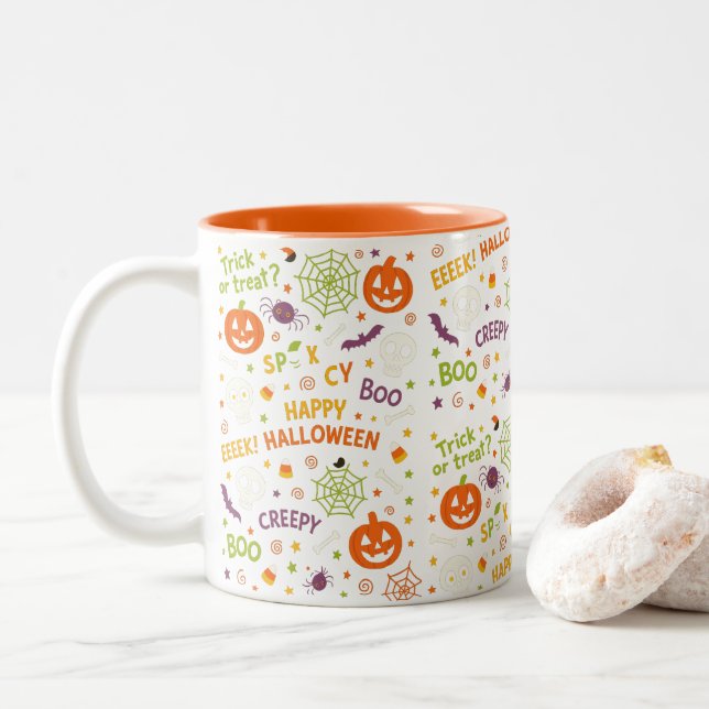 Spooky & Fun Pumpkin - farbenfrohe Halloween-Muste Zweifarbige Tasse (Mit Donut)