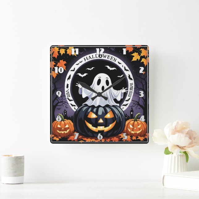 Spooky Geist Dekoration an einem Halloween-Abend Quadratische Wanduhr (Zuhause)