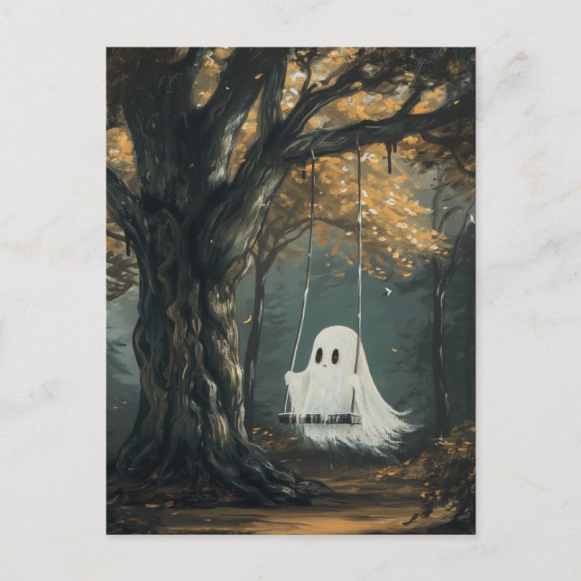 Spooky Ghost auf Swing Autumn Halloween Postkarte (Vorderseite)