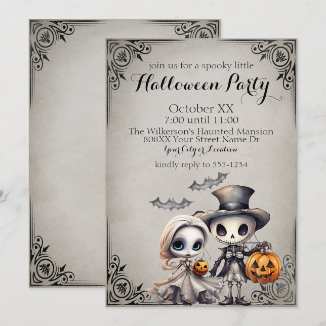 Spooky Ghost Doll und Skeleton Halloween-Party Einladung (Vorne/Hinten)