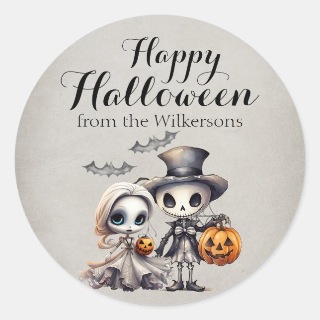 Spooky Ghost Doll und Skeleton Halloween Runder Aufkleber (Vorderseite)