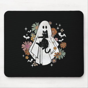 Spooky Ghost Holding Black Cat Groovy Floral Hallo Mousepad