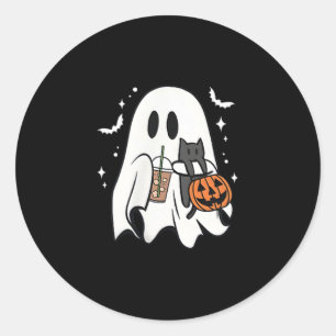 Spooky Ghost Holding Black Cat Halloween Eiskaffee Runder Aufkleber