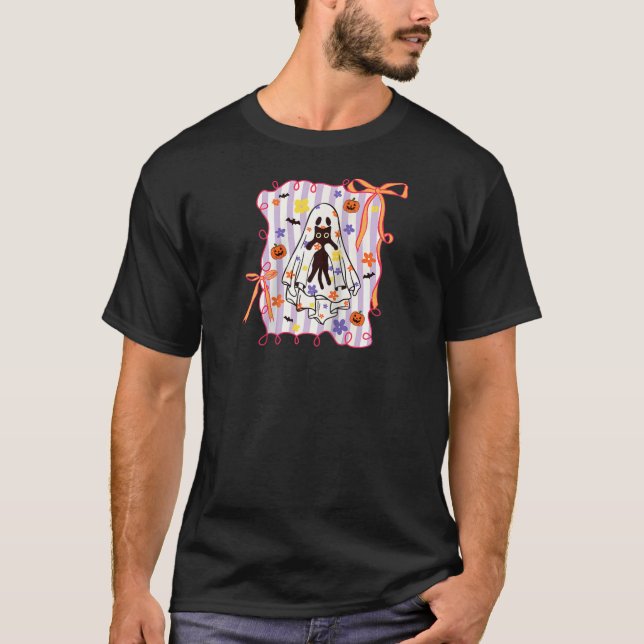 Spooky Ghost Holding Cat Coquette Floral Pumpkin H T-Shirt (Vorderseite)