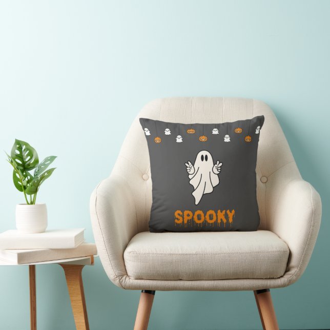 Spooky Ghost mit Jack-O' Lanterns Grau Halloween Kissen (Stuhl )