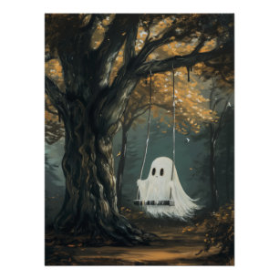 Spooky Ghost on Swing Halloween Autumn Forest Poster