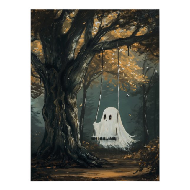 Spooky Ghost on Swing Halloween Autumn Forest Poster (Vorderseite)