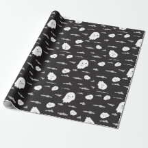Spooky Ghosts and Clouds Black Wrapping Paper