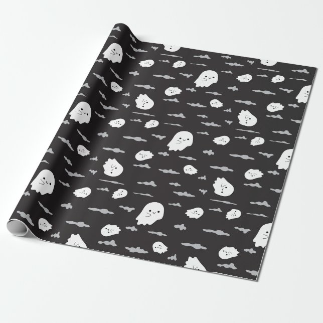 Spooky Ghosts and Clouds Black Wrapping Paper Geschenkpapier (Ungerollt)
