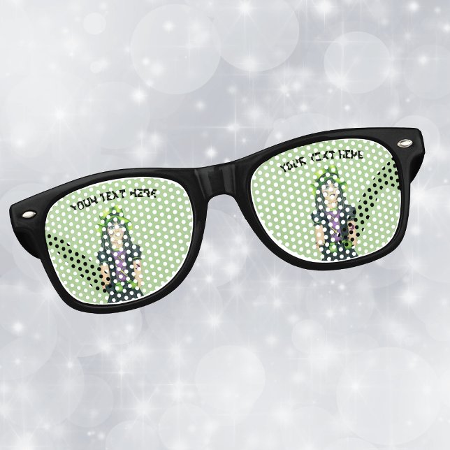 Spooky Girl Green Hat und Haar Black Dress Partybrille (Spooky girl green black hair green hat black dress on green retro party glasses.)