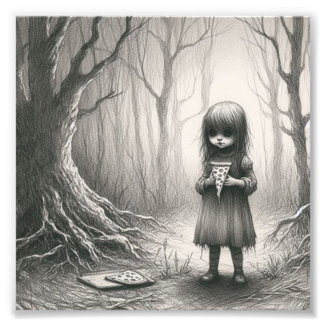 Spooky Girl mit Pizza Horror Creepy Illustration Fotodruck (Vorne)