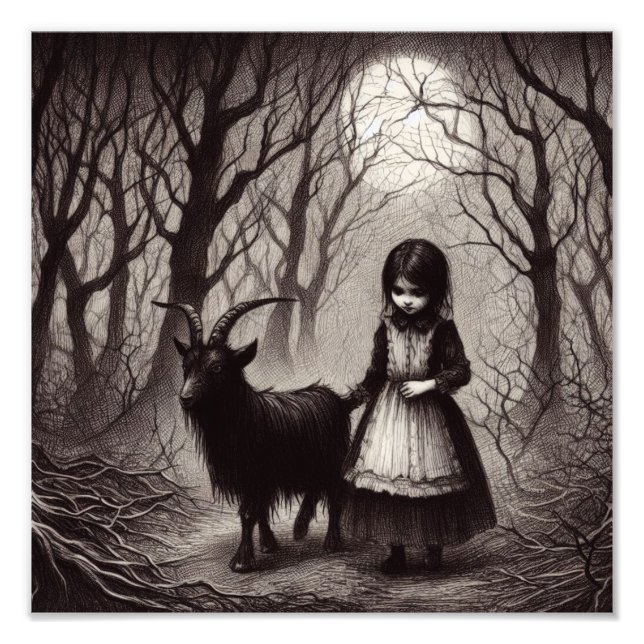 Spooky Girl with Goat Black Phillip Spuk Forest Fotodruck (Vorne)