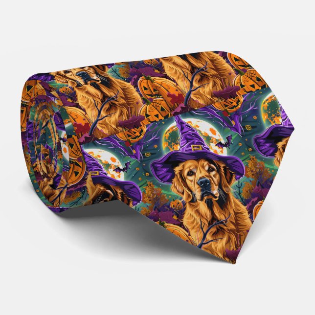 Spooky Golden Retriever Halloween Hexenkürbis Krawatte (Gerollt)